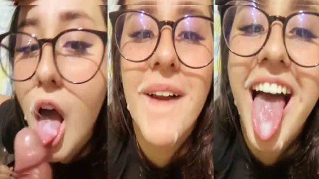 Cute Girl With Glasses Takes Cum All Over Her Face And In Mouth 